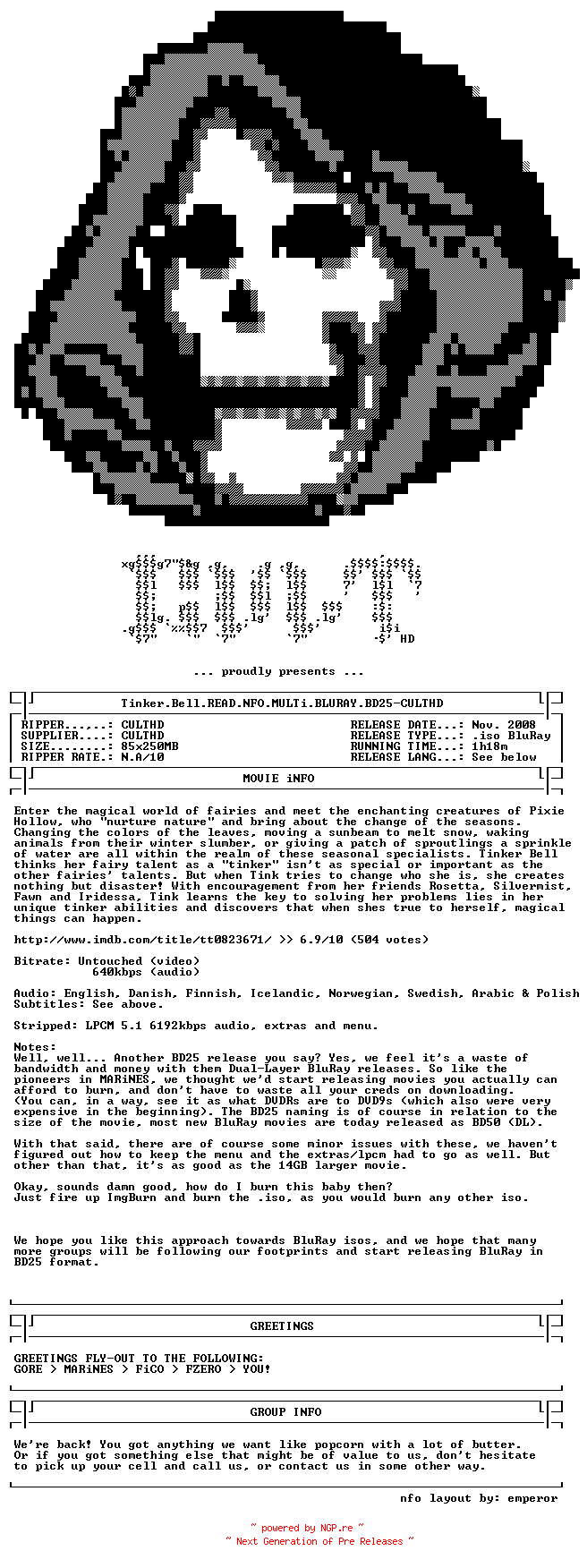 NFO for the release Tinker.Bell.READ.NFO.MULTi.BLURAY.BD25-CULTHD by CULTHD