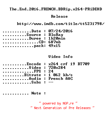 NFO for the release The.End.2016.FRENCH.BDRip.x264-PRiDEHD by PRiDEHD