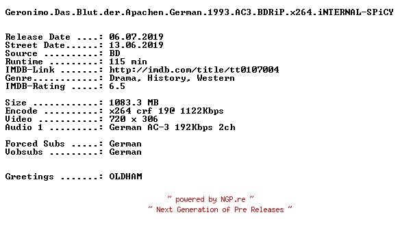 NFO for the release Geronimo.Das.Blut.der.Apachen.German.1993.AC3.BDRiP.x264.iNTERNAL-SPiCY by SPiCY
