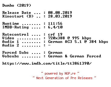 NFO for the release Dumbo.2019.German.2019.AC3.BDRip.x264-COiNCiDENCE by COiNCiDENCE