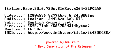 NFO for the release Italian.Race.2016.720p.BluRay.x264-BiPOLAR by BiPOLAR