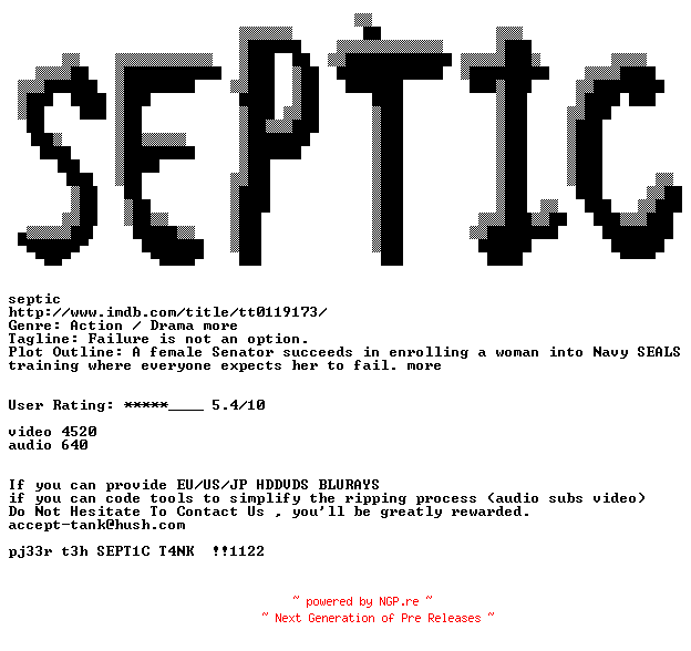 NFO for the release Gi.Jane.1997.720p.BluRay.x264-SEPTiC by SEPTiC
