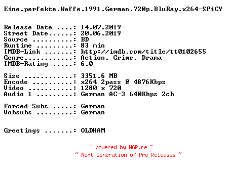 NFO for the release Eine.perfekte.Waffe.1991.German.720p.BluRay.x264-SPiCY by SPiCY