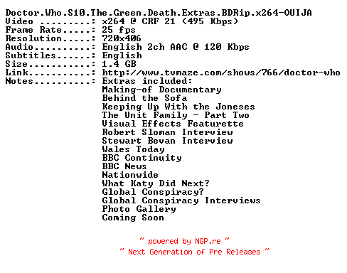 NFO for the release Doctor.Who.S10.The.Green.Death.Extras.BDRip.x264-OUIJA by OUIJA