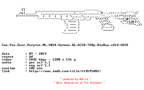 NFO for the release Can.You.Ever.Forgive.Me.2018.German.DL.AC3D.720p.BluRay.x264-GSG9 by GSG9