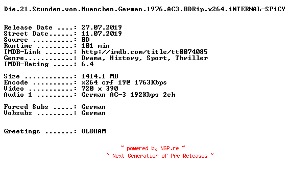 NFO for the release Die.21.Stunden.von.Muenchen.German.1976.AC3.BDRip.x264.iNTERNAL-SPiCY by SPiCY
