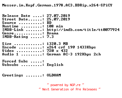 NFO for the release Messer.im.Kopf.German.1978.AC3.BDRip.x264-SPiCY by SPiCY