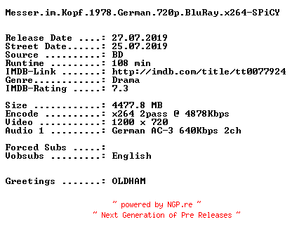 NFO for the release Messer.im.Kopf.1978.German.720p.BluRay.x264-SPiCY by SPiCY