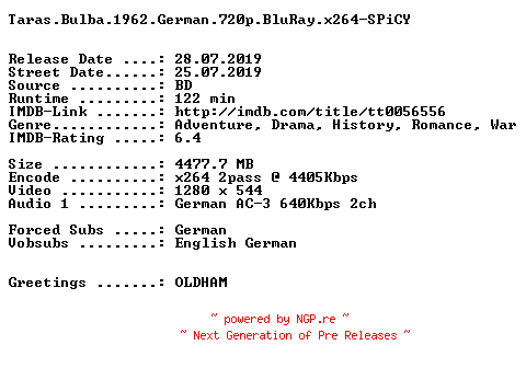 NFO for the release Taras.Bulba.1962.German.720p.BluRay.x264-SPiCY by SPiCY