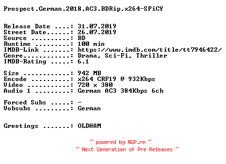 NFO for the release Prospect.German.2018.AC3.BDRip.x264-SPiCY by SPiCY