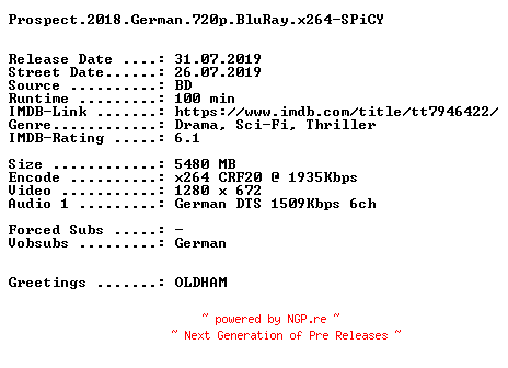 NFO for the release Prospect.2018.German.720p.BluRay.x264-SPiCY by SPiCY