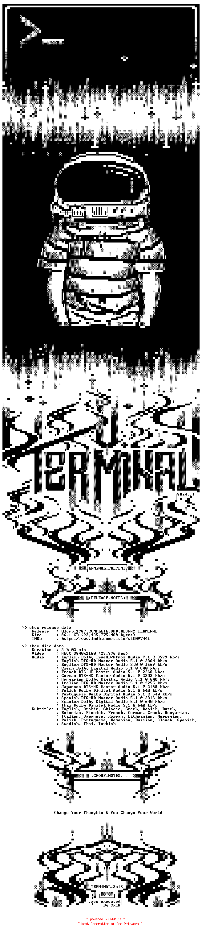 NFO for the release Glory.1989.COMPLETE.UHD.BLURAY-TERMiNAL by TERMiNAL