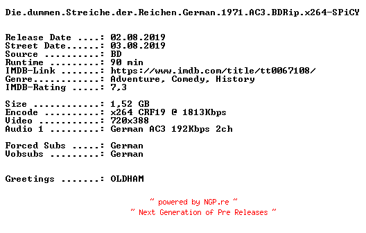 NFO for the release Die.dummen.Streiche.der.Reichen.German.1971.AC3.BDRip.x264-SPiCY by SPiCY