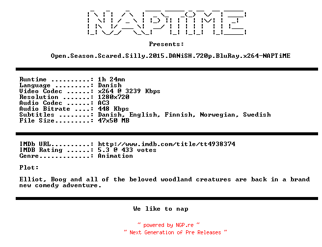 NFO for the release Open.Season.Scared.Silly.2015.DANiSH.720p.BluRay.x264-NAPTiME by NAPTiME