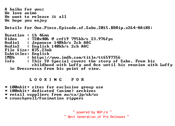 NFO for the release One.Piece.Episode.of.Sabo.2015.BDRip.x264-HAiKU by HAiKU