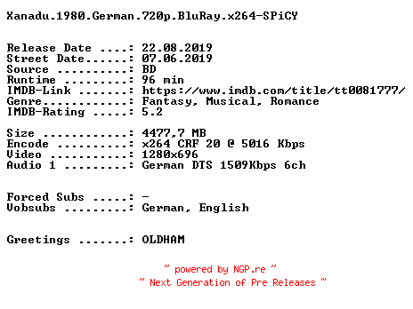 NFO for the release Xanadu.1980.German.720p.BluRay.x264-SPiCY by SPiCY