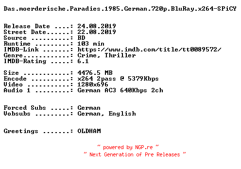 NFO for the release Das.moerderische.Paradies.1985.German.720p.BluRay.x264-SPiCY by SPiCY