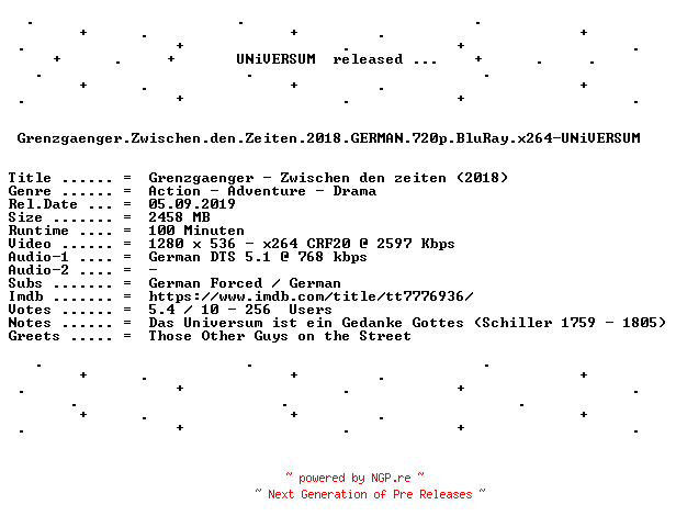 NFO for the release Grenzgaenger.Zwischen.den.Zeiten.2018.GERMAN.720p.BluRay.x264-UNiVERSUM by UNiVERSUM