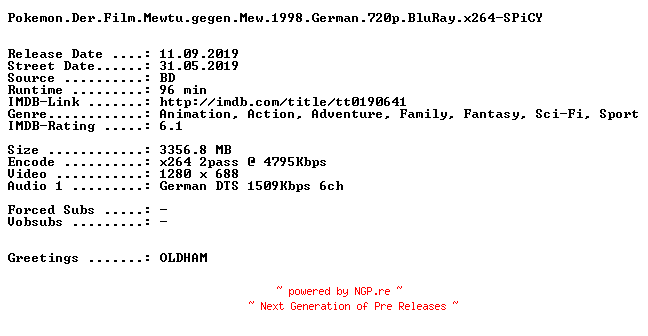 NFO for the release Pokemon.Der.Film.Mewtu.gegen.Mew.1998.German.720p.BluRay.x264-SPiCY by SPiCY