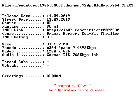NFO for the release Alien.Predators.1986.UNCUT.German.720p.BluRay.x264-SPiCY by SPiCY