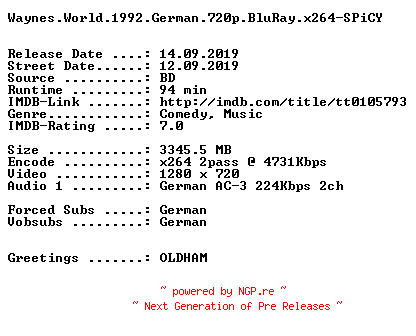 NFO for the release Waynes.World.1992.German.720p.BluRay.x264-SPiCY by SPiCY