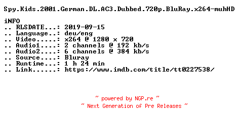 NFO for the release Spy.Kids.2001.German.DL.AC3.Dubbed.720p.BluRay.x264-muhHD by muhHD