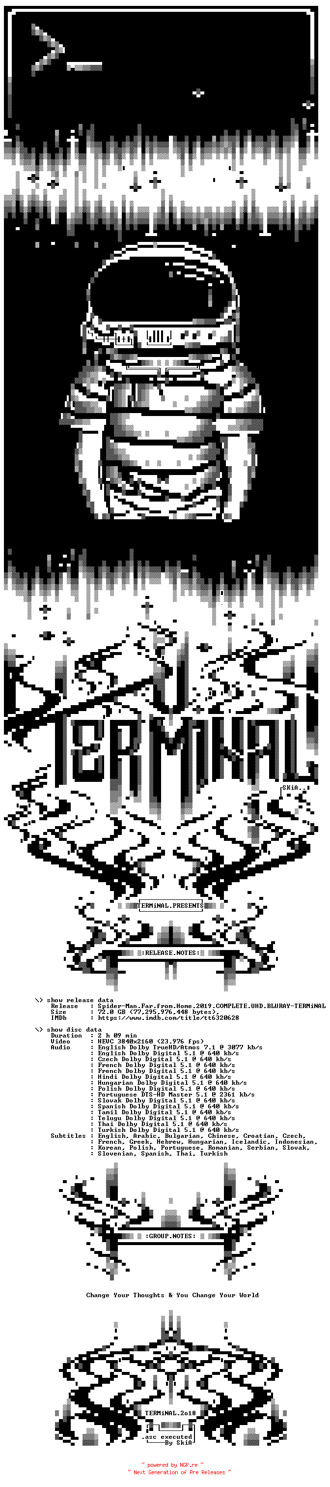 NFO for the release Spider-Man.Far.from.Home.2019.COMPLETE.UHD.BLURAY-TERMiNAL by TERMiNAL