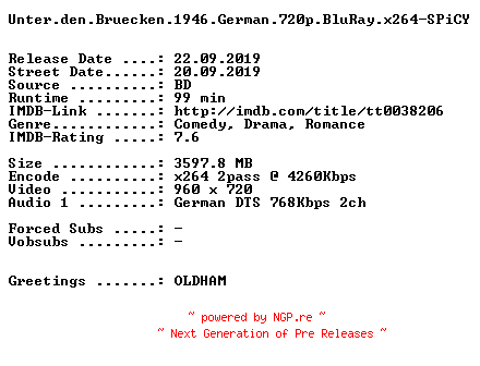 NFO for the release Unter.den.Bruecken.1946.German.720p.BluRay.x264-SPiCY by SPiCY