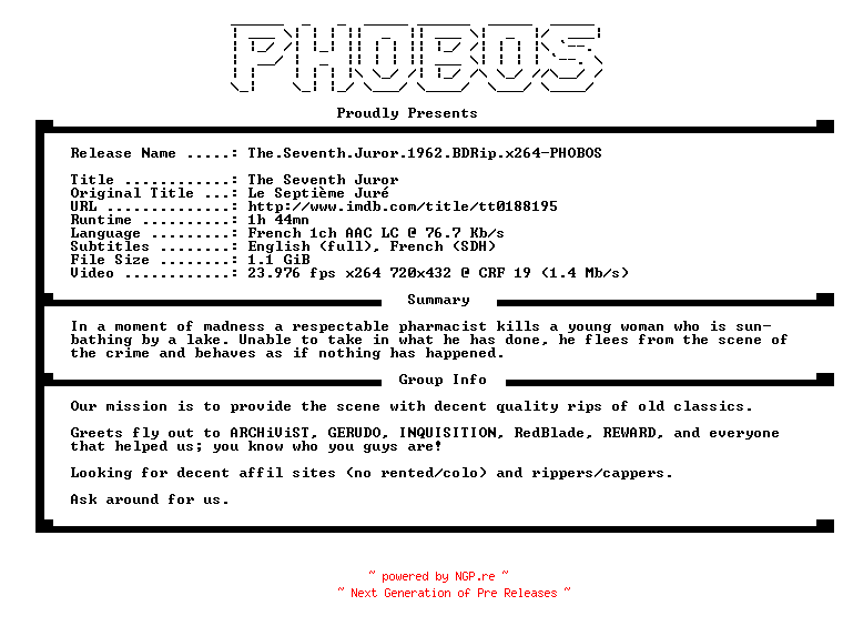 NFO for the release The.Seventh.Juror.1962.BDRip.x264-PHOBOS by PHOBOS