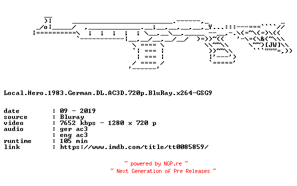 NFO for the release Local.Hero.1983.German.DL.AC3D.720p.BluRay.x264-GSG9 by GSG9