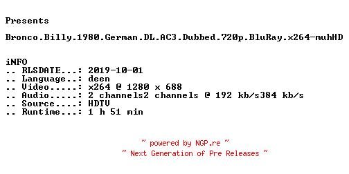 NFO for the release Bronco.Billy.1980.German.DL.AC3.Dubbed.720p.BluRay.x264-muhHD by muhHD
