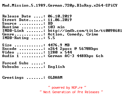 NFO for the release Mad.Mission.5.1989.German.720p.BluRay.x264-SPiCY by SPiCY