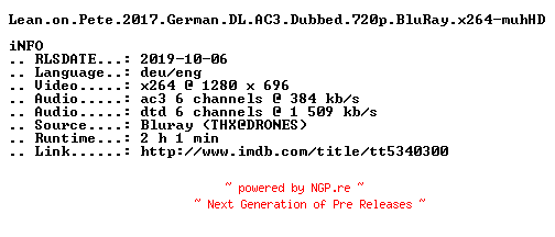 NFO for the release Lean.on.Pete.2017.German.DL.AC3.Dubbed.720p.BluRay.x264-muhHD by muhHD
