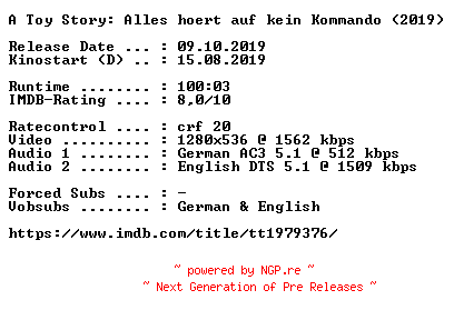 NFO for the release A.Toy.Story.Alles.hoert.auf.kein.Kommando.2019.German.DL.720p.BluRay.x264-COiNCiDENCE by COiNCiDENCE
