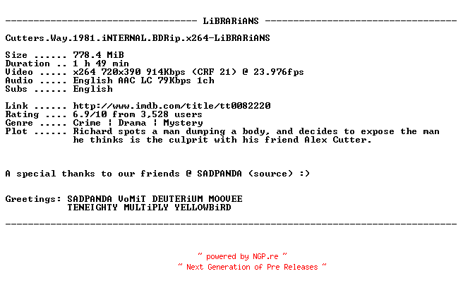 NFO for the release Cutters.Way.1981.iNTERNAL.BDRip.x264-LiBRARiANS by LiBRARiANS