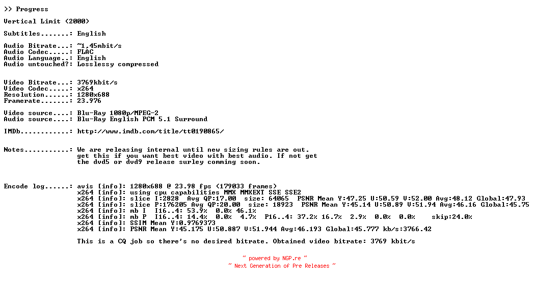 NFO for the release Vertical.Limit.2000.720p.BluRay.x264.INTERNAL-PROGRESS by PROGRESS