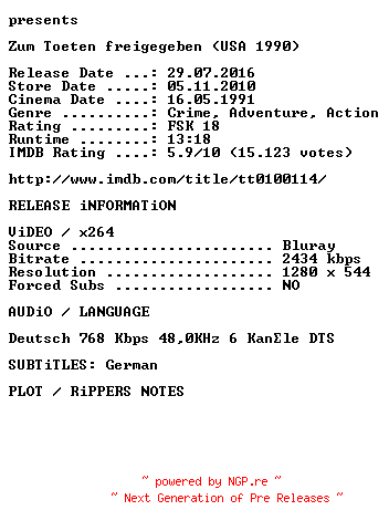 NFO for the release Zum.Toeten.freigegeben.1990.German.720p.BluRay.x264.iNTERNAL-KULTFiLME by KULTFiLME