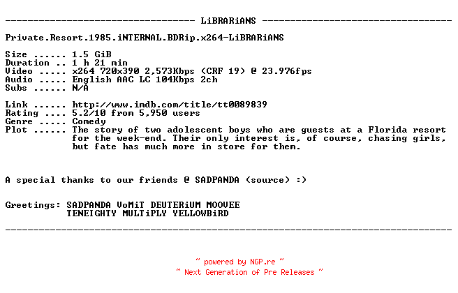 NFO for the release Private.Resort.1985.iNTERNAL.BDRip.x264-LiBRARiANS by LiBRARiANS