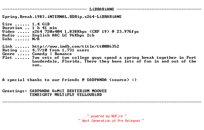 NFO for the release Spring.Break.1983.iNTERNAL.BDRip.x264-LiBRARiANS by LiBRARiANS
