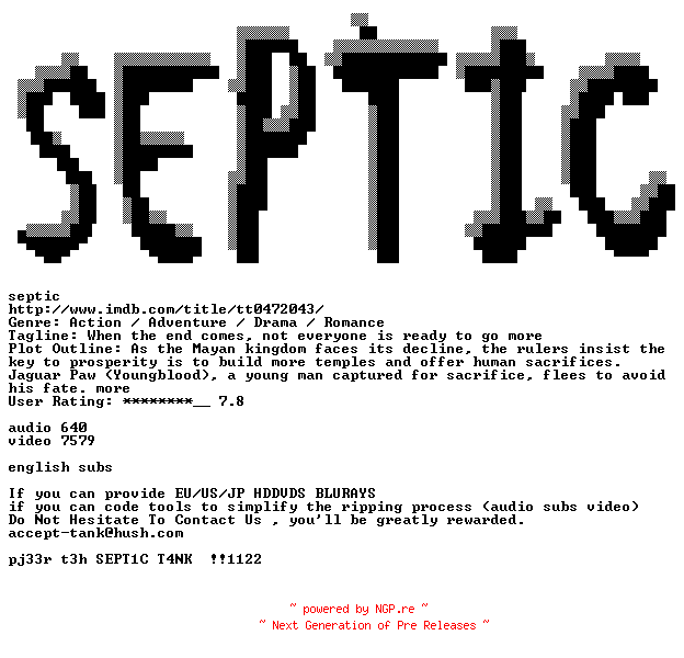NFO for the release Apocalypto.2006.DVD9.720p.BluRay.x264-SEPTiC by SEPTiC