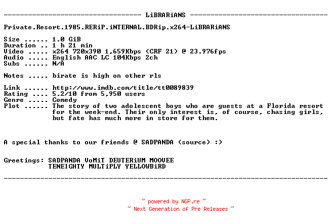NFO for the release Private.Resort.1985.RERiP.iNTERNAL.BDRip.x264-LiBRARiANS by LiBRARiANS
