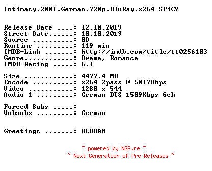 NFO for the release Intimacy.2001.German.720p.BluRay.x264-SPiCY by SPiCY
