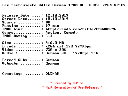 NFO for the release Der.taetowierte.Adler.German.1980.AC3.BDRiP.x264-SPiCY by SPiCY