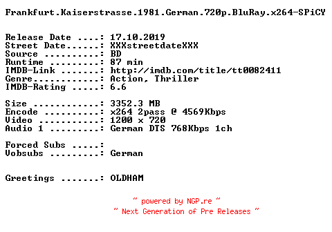 NFO for the release Frankfurt.Kaiserstrasse.1981.German.720p.BluRay.x264-SPiCY by SPiCY