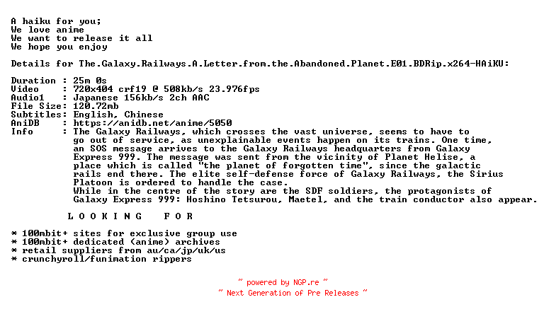 NFO for the release The.Galaxy.Railways.A.Letter.from.the.Abandoned.Planet.E01.BDRip.x264-HAiKU by HAiKU