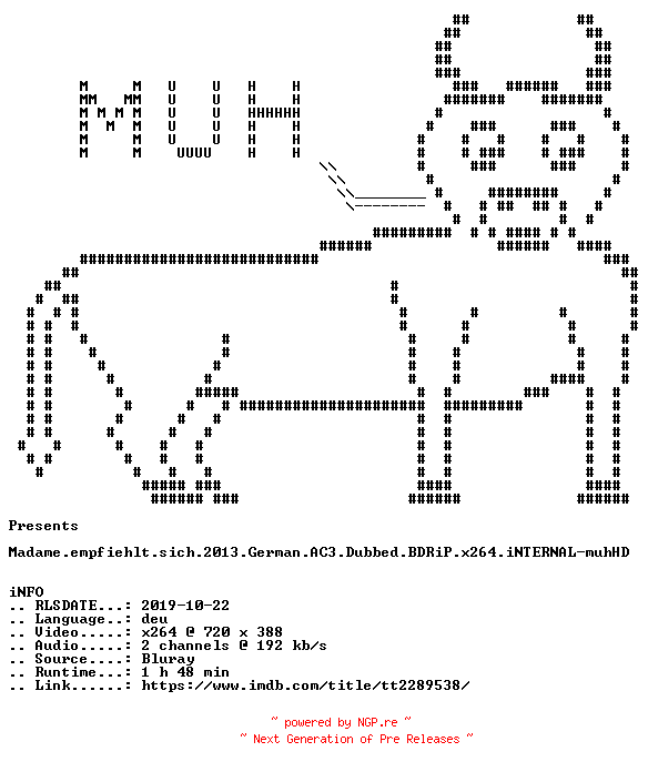NFO for the release Madame.empfiehlt.sich.2013.German.AC3.Dubbed.BDRiP.x264.iNTERNAL-muhHD by muhHD