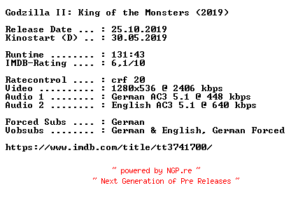 NFO for the release Godzilla.II.King.of.the.Monsters.2019.German.DL.720p.BluRay.x264-COiNCiDENCE by COiNCiDENCE