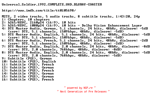 NFO for the release Universal.Soldier.1992.COMPLETE.UHD.BLURAY-COASTER by COASTER