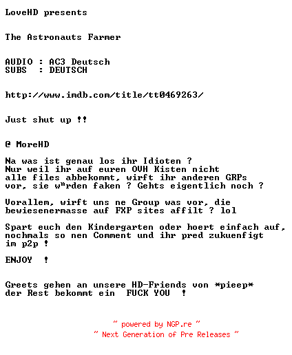 NFO for the release Astronaut.Farmer.German.2006.720p.BLURAY.x264.READ.NFO-LoveHD by LoveHD