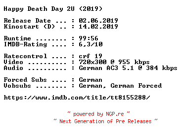 NFO for the release Happy.Death.Day.2U.German.2019.AC3.BDRip.x264-COiNCiDENCE by COiNCiDENCE